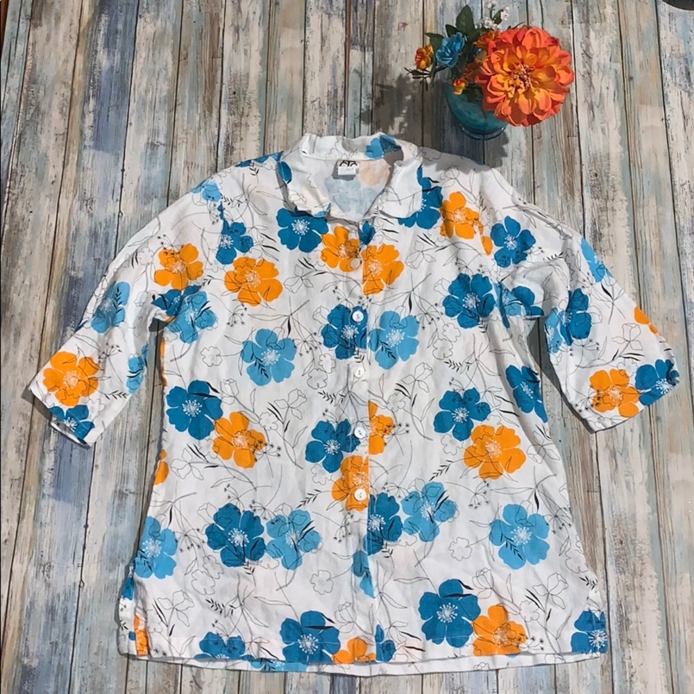 Floral button down linen blouse